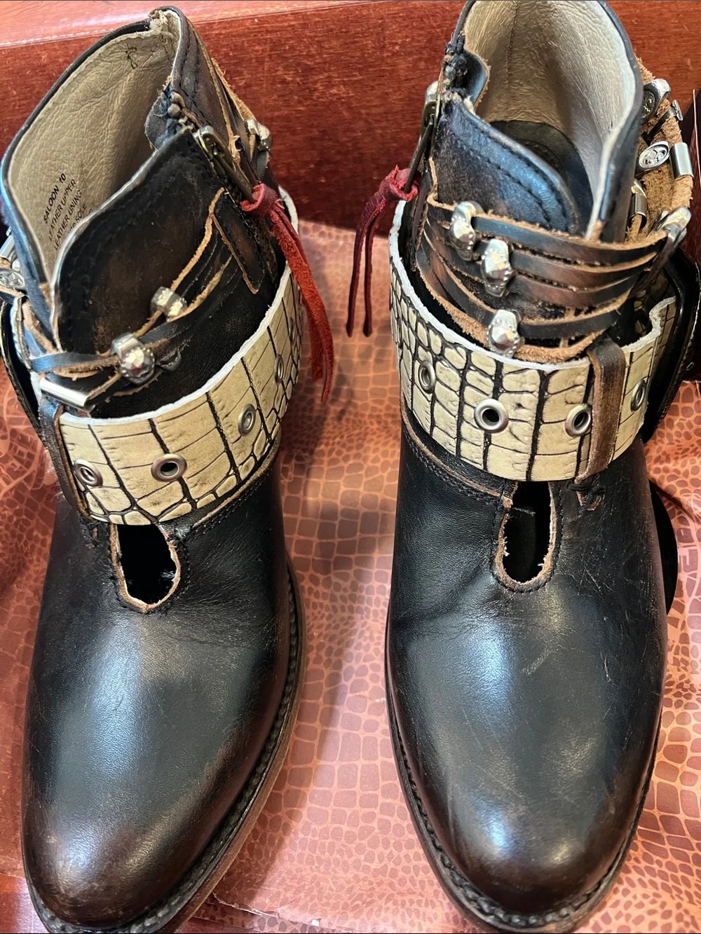 Freebird saloon LeatherBelted Ankle Boots with Beige Croc-Effect Strap